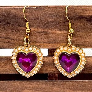 Purple and gold heart earrings with pearl handmade artist made Mothers Day gift